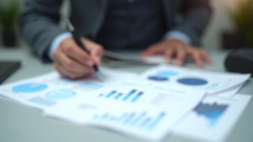 Business professional reviewing documents and reports at desk with multiple pages and folders